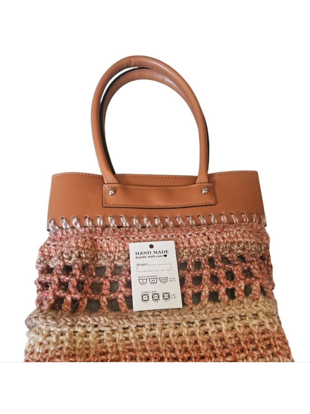 Upcycled Crochet Faux Leather Tote with Denim Pocket Fall Artisan Handbag Knit - Picture 4 of 17
